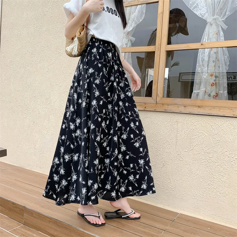 Floral Large Swing Half-length Tight Waist Umbrella Skirt Chiffon - Black