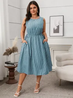Contrast Colour Striped Sleeveless Pocket Fashion Dress - Blue - View 1