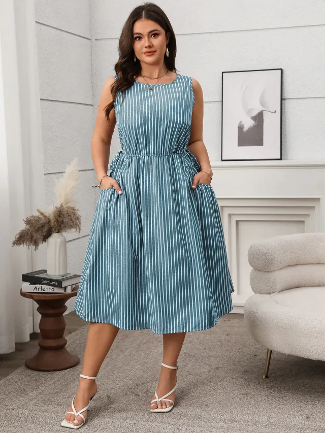 Contrast Color Striped Sleeveless Pocket Fashion Dress Blue - Shop at LoveMi
