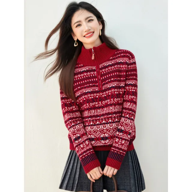 Women's Retro Jacquard Embroidered Knitwear Red - Shop at LoveMi