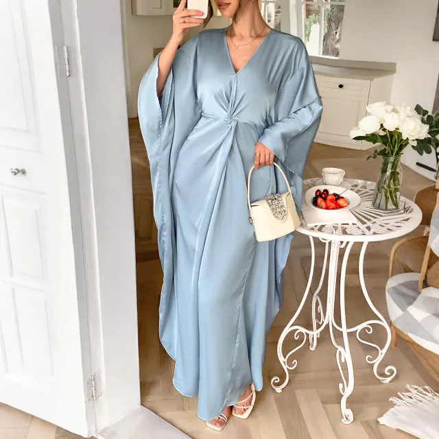 Elegant Solid Color Long Sleeve Waist Maxi Dress Women Lake Blue - Shop at LoveMi