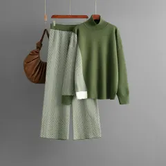 Half Turtleneck Loose Knitted Top Wide Leg Pants Two-piece Set - Green - View 1