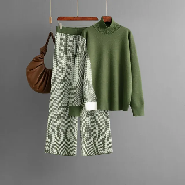 Half Turtleneck Loose Knitted Top Wide Leg Pants Two piece Set Green - Shop at LoveMi