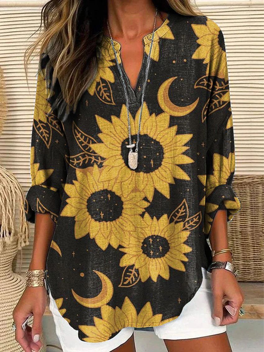 Women's V-neck Floral Simple Casual T-shirt Long Sleeve