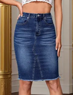 Casual Fashion Stretchy High Waist Slimming Slit Sheath Denim Skirt - Blue - View 1