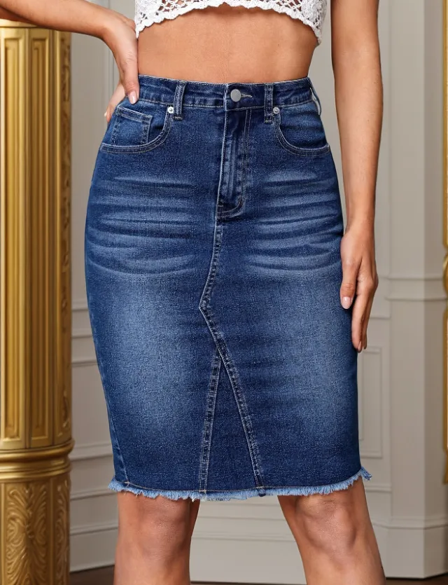 Casual Fashion Stretchy High Waist Slimming Slit Sheath Denim Skirt Blue - Shop at LoveMi