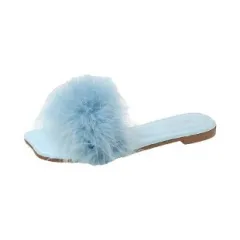 Women's Summer Flat Fashion Fur Slipper - Blue - View 1