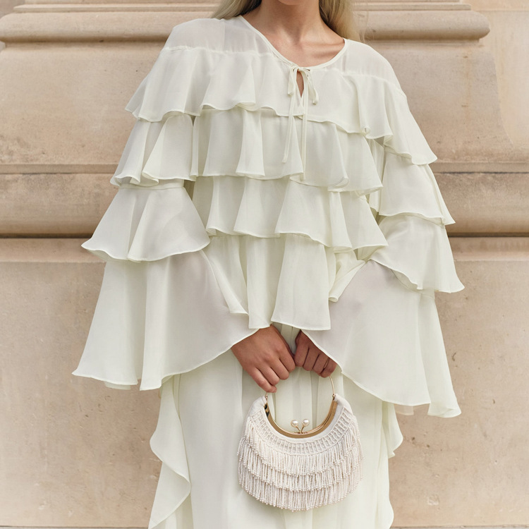 Tiered-Ruffle Long Dress Loose Lace-up Chiffon Dress