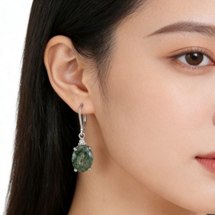 Womens Aquatic Plant Agate Egg-Shaped Oval Earrings