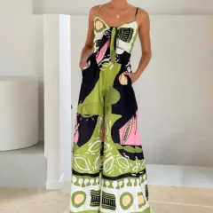 Casual Fashion Printing Chest Strap Jumpsuit - Green And Floral Pattern - View 1