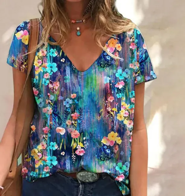 Fashionable 3D Printed Loose Short sleeved Top For Women V1H2407111005 - Shop at LoveMi