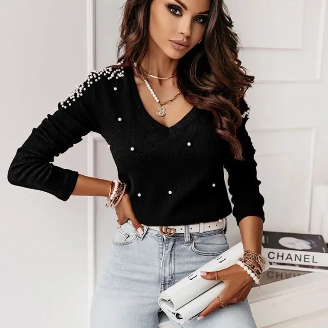 Solid Color Long Sleeve V neck Beaded Sunken Stripe Top Black - Shop at LoveMi