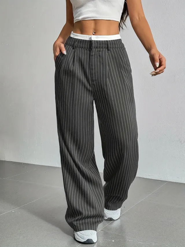 Stripe Printed Trousers Fashion High Waist Straight Leg Pants With Pocket Zipper Casual Suit Pants For Women Gray - Shop at LoveMi