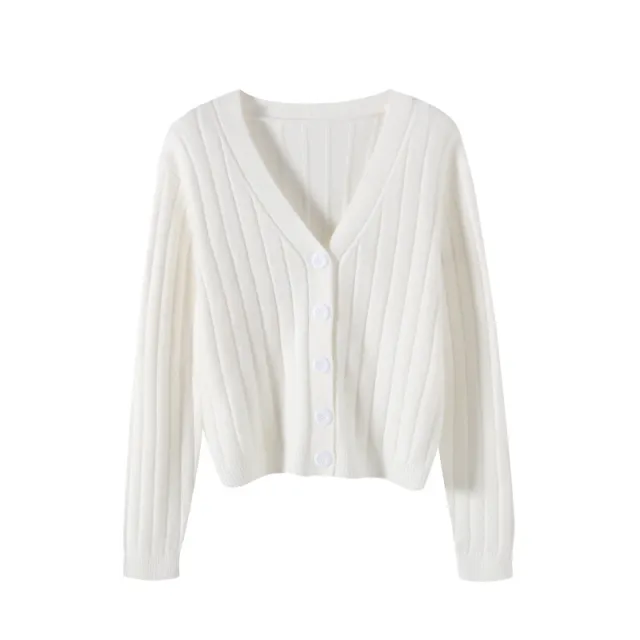 V neck Sweater Sweater Thin Cardigan Jacket Top For Women White - Shop at LoveMi