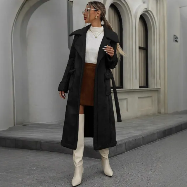 Long Lamb Wool Coat With Integrated Fur And Fleece Lining Black - Shop at LoveMi