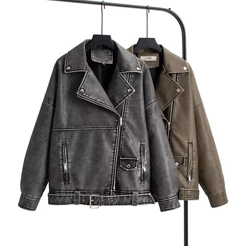 European And American Style Washed PU Leather Jacket Women - Washed Grey