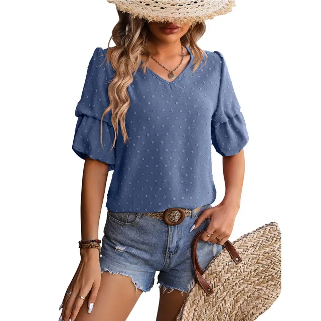 V neck Chiffon Top Double layer Puff Sleeve Shirt Gray Blue - Shop at LoveMi