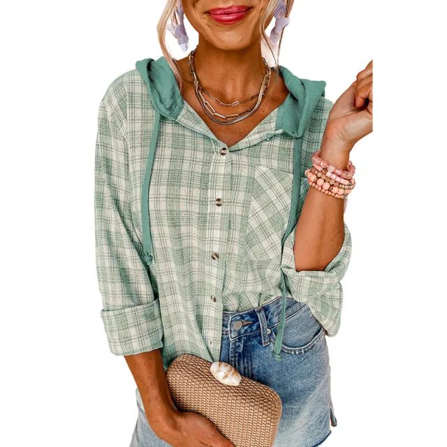 European And American Leisure Printed Checks Hooded Shirt Jacket Green - Shop at LoveMi