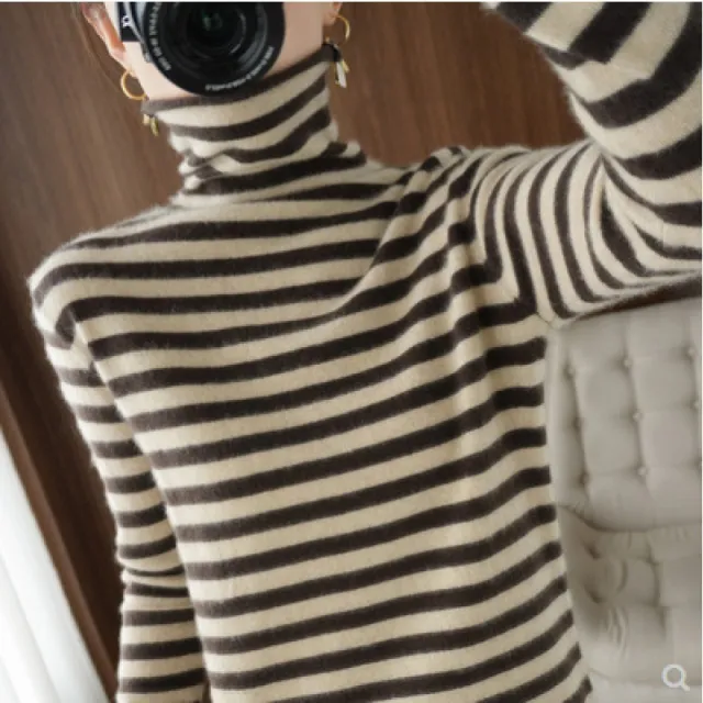 Striped Heap Collar Long Sleeves Sweater Loose All match Wool Knitted Bottoming Shirt For Women Brown - Shop at LoveMi