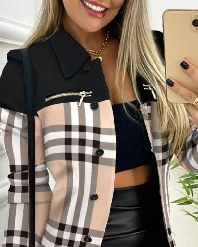 Long Sleeve Zipper Color Matching Printing Lapel Small Coat Khaki Plaid - Shop at LoveMi