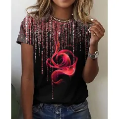European And American Rose Print Short-sleeved Summer Women's T-shirt - Red - View 1