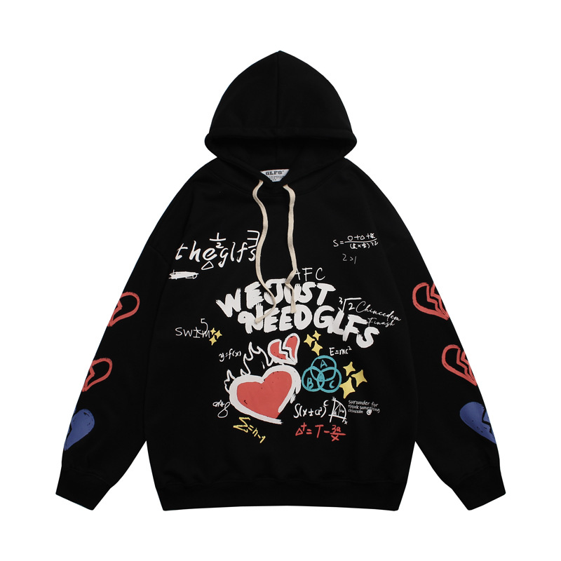 Love Letter Painted Graffiti Hooded Fleece Lined Sweater Men - Image 2