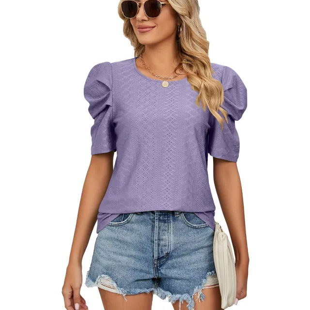 New Solid Color Round Neck Pleated Oversleeves Loose fitting T shirt Top Women Purple - Shop at LoveMi