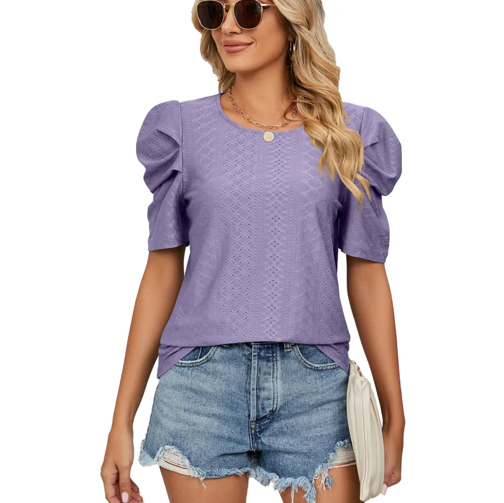New Solid Color Round Neck Pleated Oversleeves Loose-fitting T-shirt Top Women - Purple