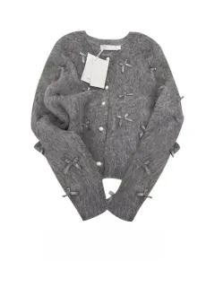 Gray Bow Sweater Women's Autumn And Winter Elegant Soft Glutinous Mohair Knitted Cardigan Chanel Coat - Gray - View 1