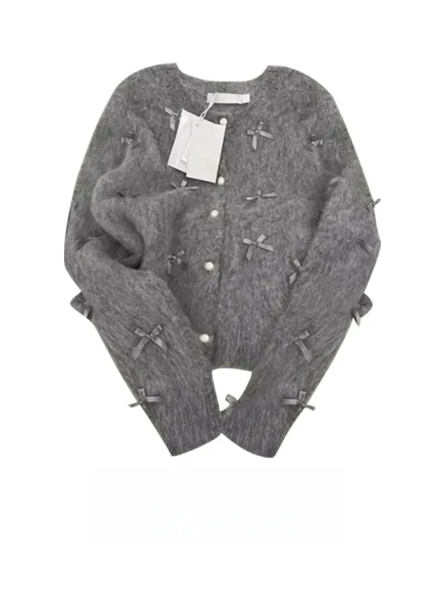 Gray Bow Sweater Women's Autumn And Winter Elegant Soft Glutinous Mohair Knitted Cardigan Chanel Coat Gray - Shop at LoveMi