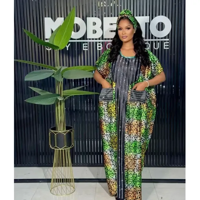 Printed Loose Robe Ethnic Style Rhinestone Embellished Plus Size Dress Green - Shop at LoveMi