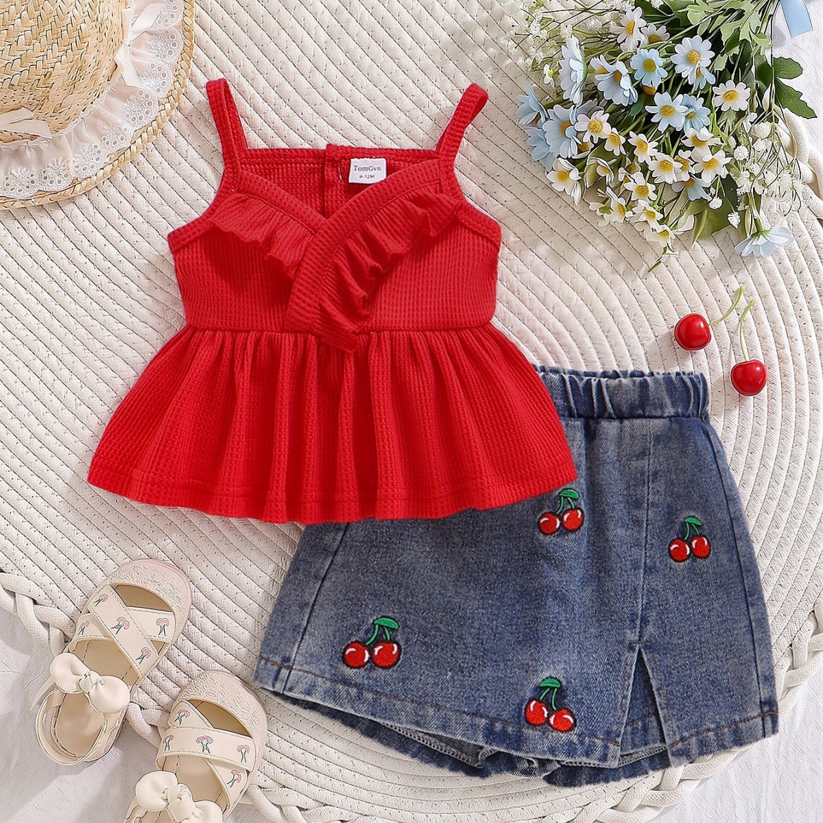 Sleeveless Slip Dress-style Top Denim Embroidered Culottes — image 1