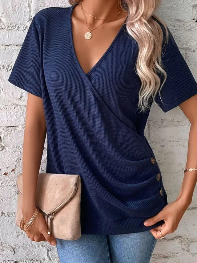 Women's Casual Short sleeved V neck Solid Color T shirt Dark Blue - Shop at LoveMi