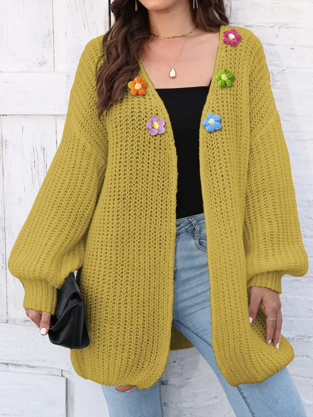 Women's Thick Coat Thick Needle Woven Sweater Mustard Green 6 Flowers - Shop at LoveMi