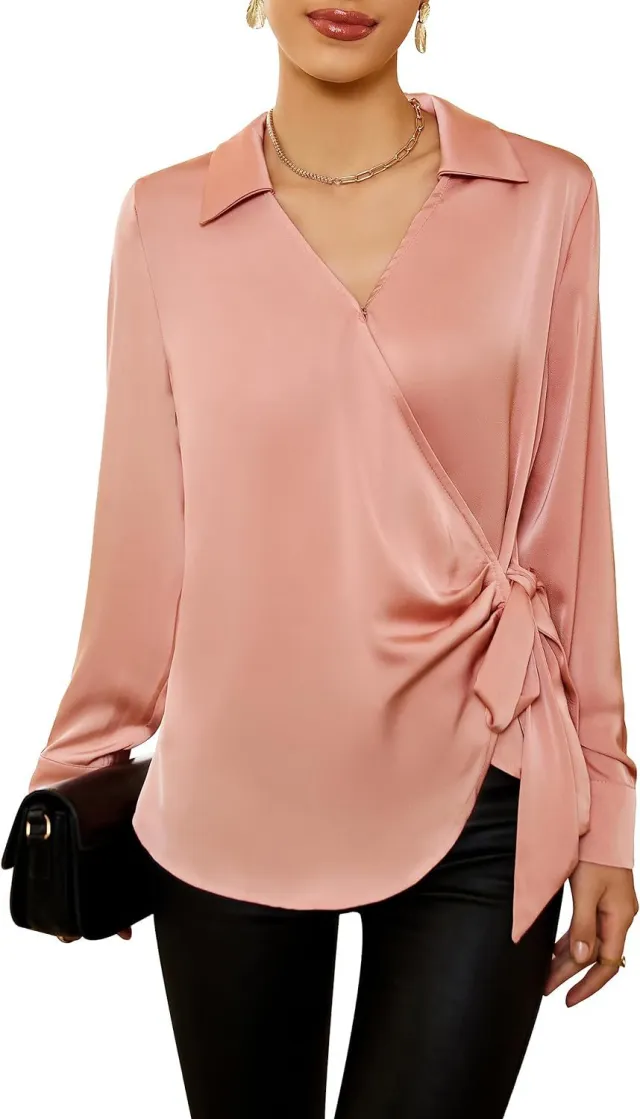 Design Sense Commuting Elegant Beautiful High Sense Waist Trimming Lace Up Long Sleeve Shirt Pink - Shop at LoveMi