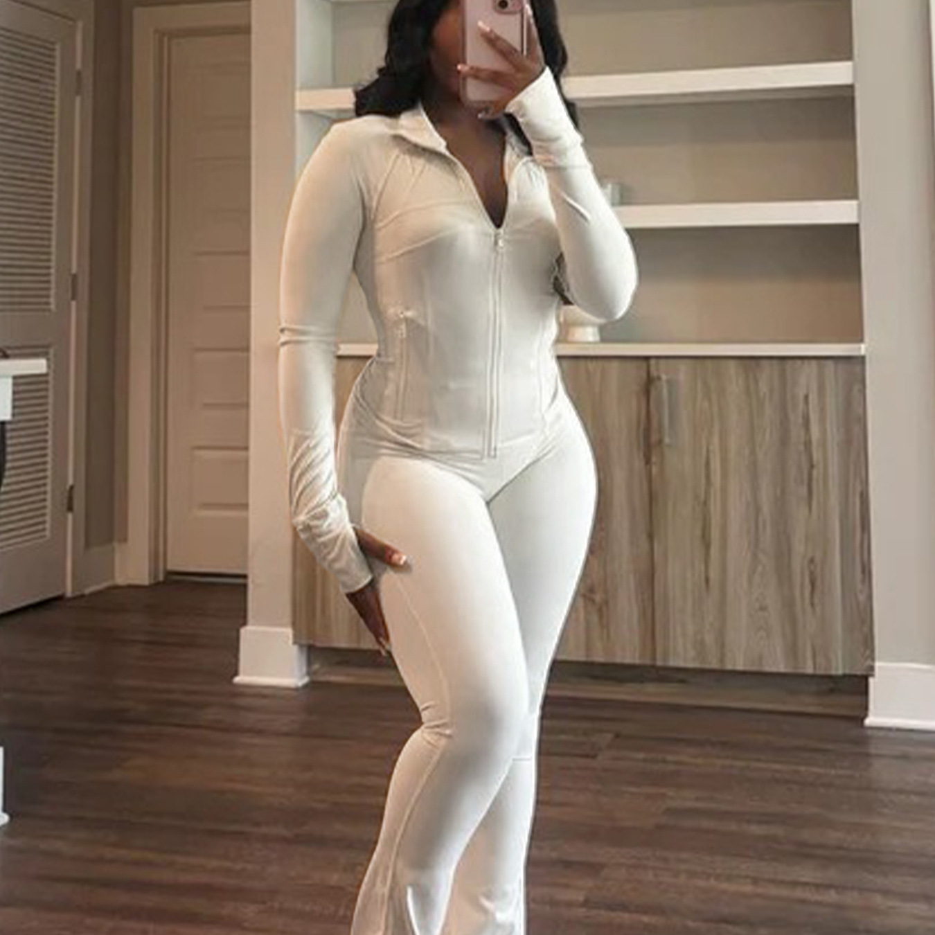 Womens Sporty-casual Sexy Tight-fitting Long-sleeve Flared Two-piece Set
