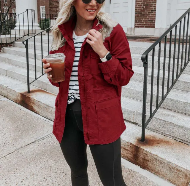 Women's Loose Solid Color Jacket Zipper Pocket Coat Red - Shop at LoveMi