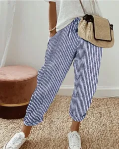 Summer Stripes Casual Pants Loose Elastic Waist Women - Blue - View 1