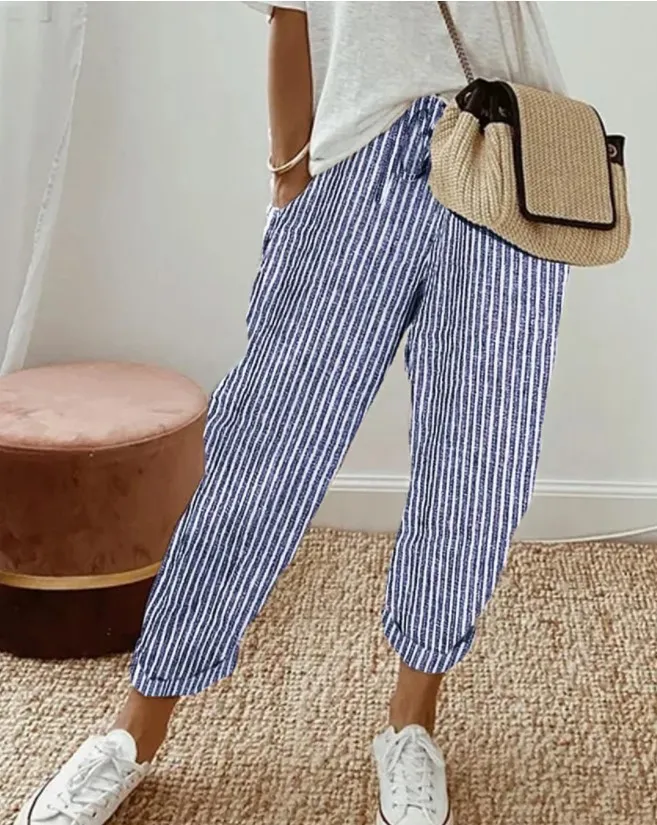 Summer Stripes Casual Pants Loose Elastic Waist Women - Blue