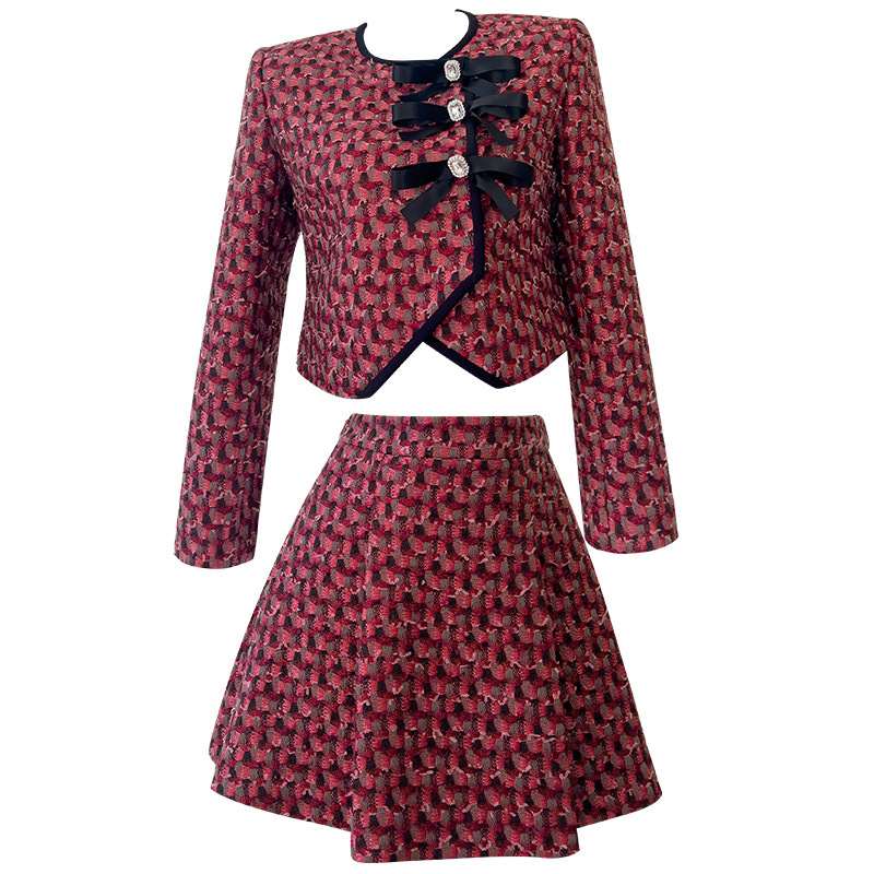 Red Tweed Long Sleeve Top Coat With Short Skirt