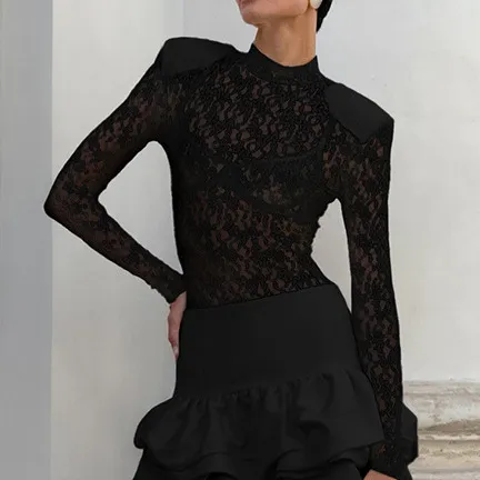 Jacquard Lace Knitted Slim Bottoming Shirt Women's Fashion Casual Black - Shop at LoveMi