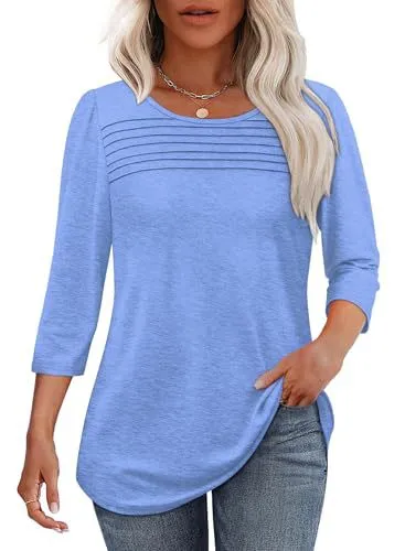 European And American Ladies Autumn And Winter Round Neck Three quarter Sleeve Chest Tuck Line Peplum Top Light Blue - Shop at LoveMi