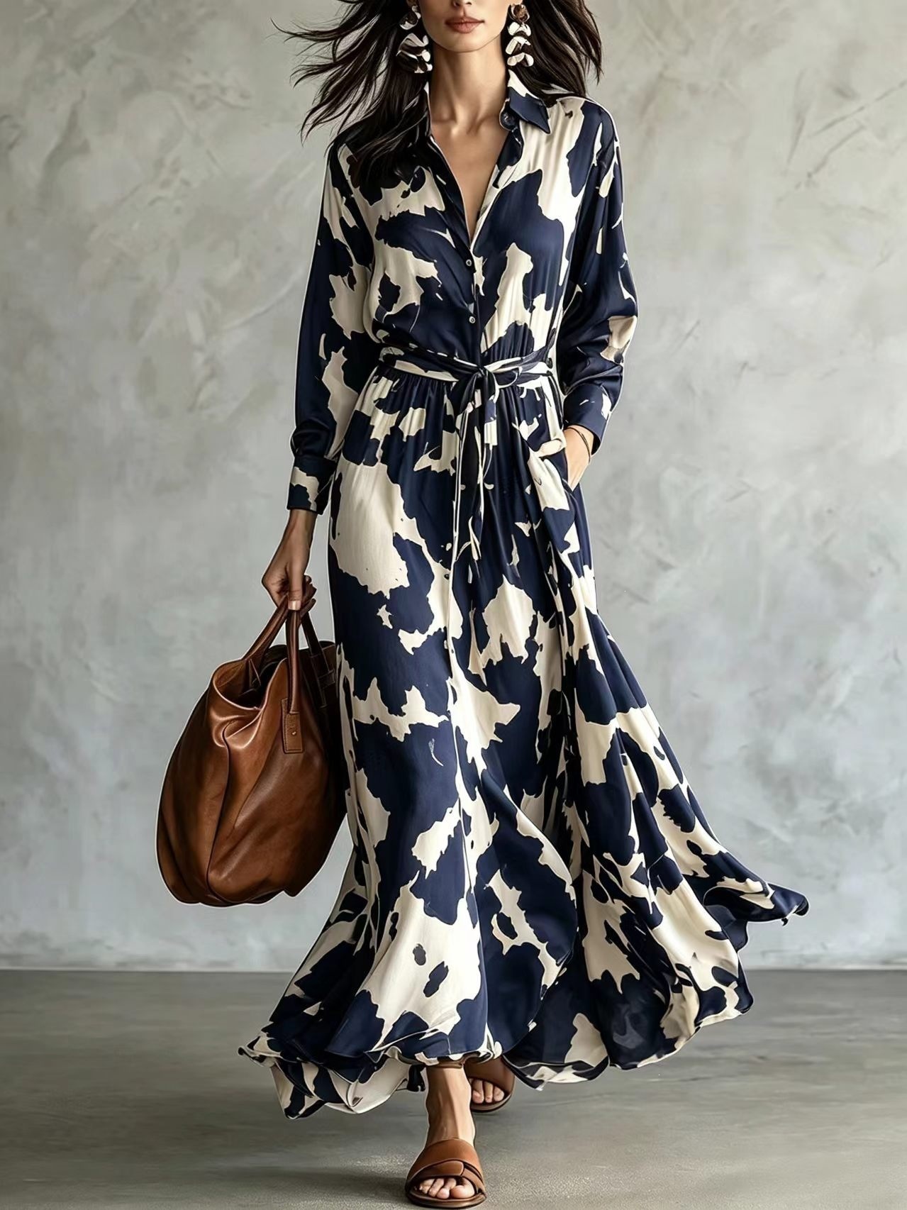 Cow Patterned Long Sleeved Shirt With Waist Cinching And Large Swing Long Dress For Women