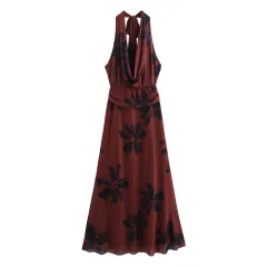 Dark Flower Printing European And American Style Sexy Slim Swing Collar Halter Dress - View 1