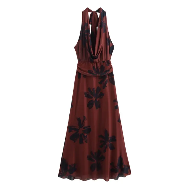 Dark Flower Printing European And American Style Sexy Slim Swing Collar Halter Dress - Shop at LoveMi