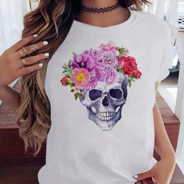 Women's Tops Stand Alone Skull Floral Round Neck Vintage T shirt Style23856 - Shop at LoveMi