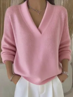 Elegant Soft V-neck Long Sleeve Women's Sweater Knitted Loose Sweater Autumn And Winter New Solid Color Casual Fashion Women's Knitted Sweater - Pink - View 1