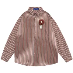 Three-dimensional Decoration Flower Vertical Stripes Long Sleeve Men's Spring And Autumn Loose Lapels Shirt - Brown - View 1