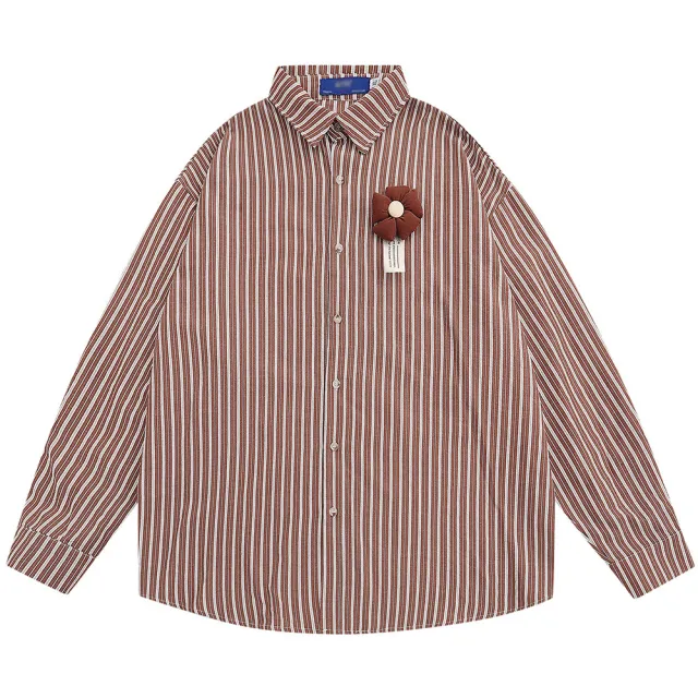 Three dimensional Decoration Flower Vertical Stripes Long Sleeve Men's Spring And Autumn Loose Lapels Shirt Brown - Shop at LoveMi