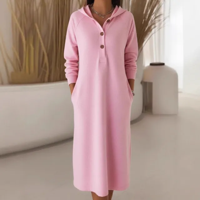 Women's Button Knit Hooded Sweatshirt Solid Color Casual Dress Pink - Shop at LoveMi